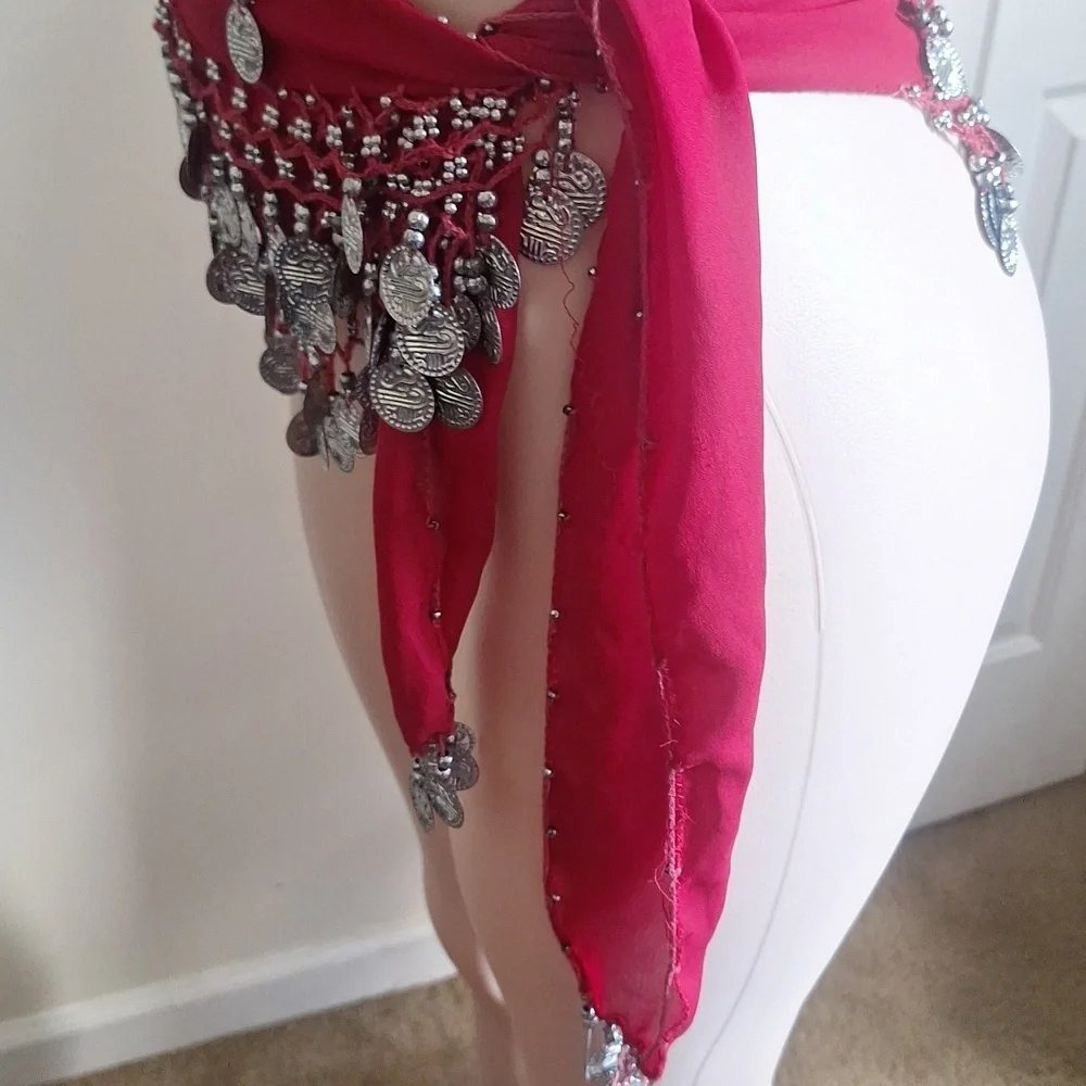 Chiffon 128 Silver Coins Belly Dance Costume Hip Skirt Scarf Wrap Belt And DVD